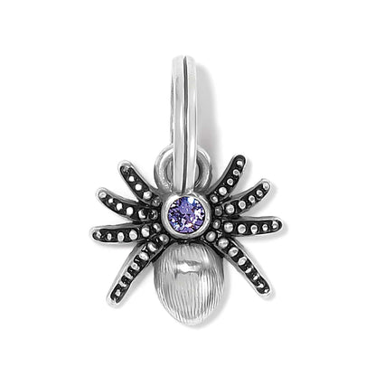 Brighton spider charm with silver-plated beaded legs and purple crystal accent on a white background
