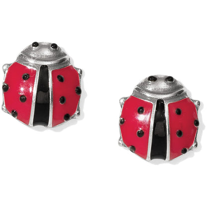Brighton ladybug stud earrings with red and black enamel wings and silver-plated finish on a white background