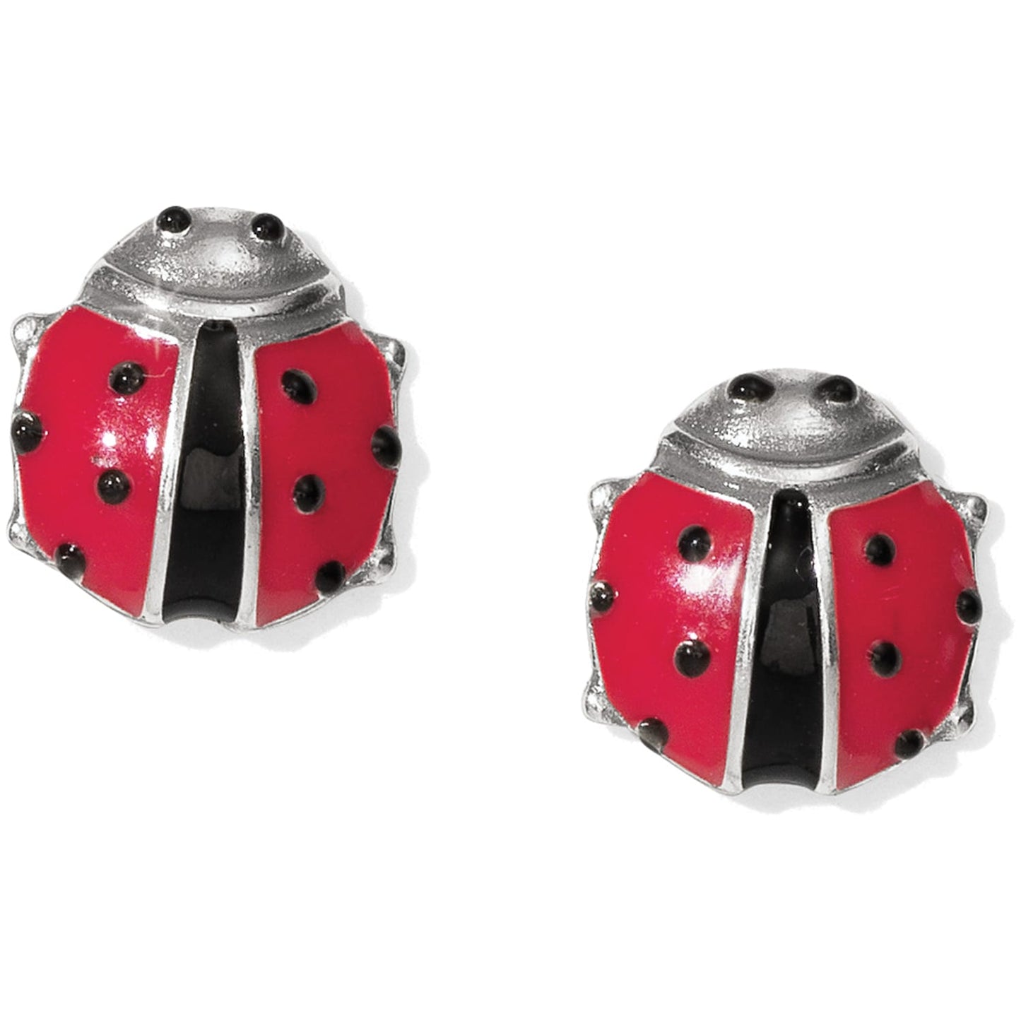 Brighton ladybug stud earrings with red and black enamel wings and silver-plated finish on a white background