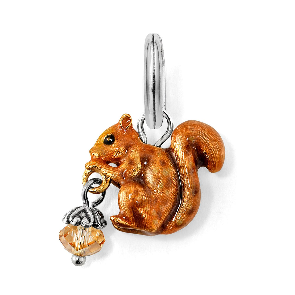 Brighton squirrel charm with brown enamel finish holding a crystal acorn with silver-plated ring on a white background