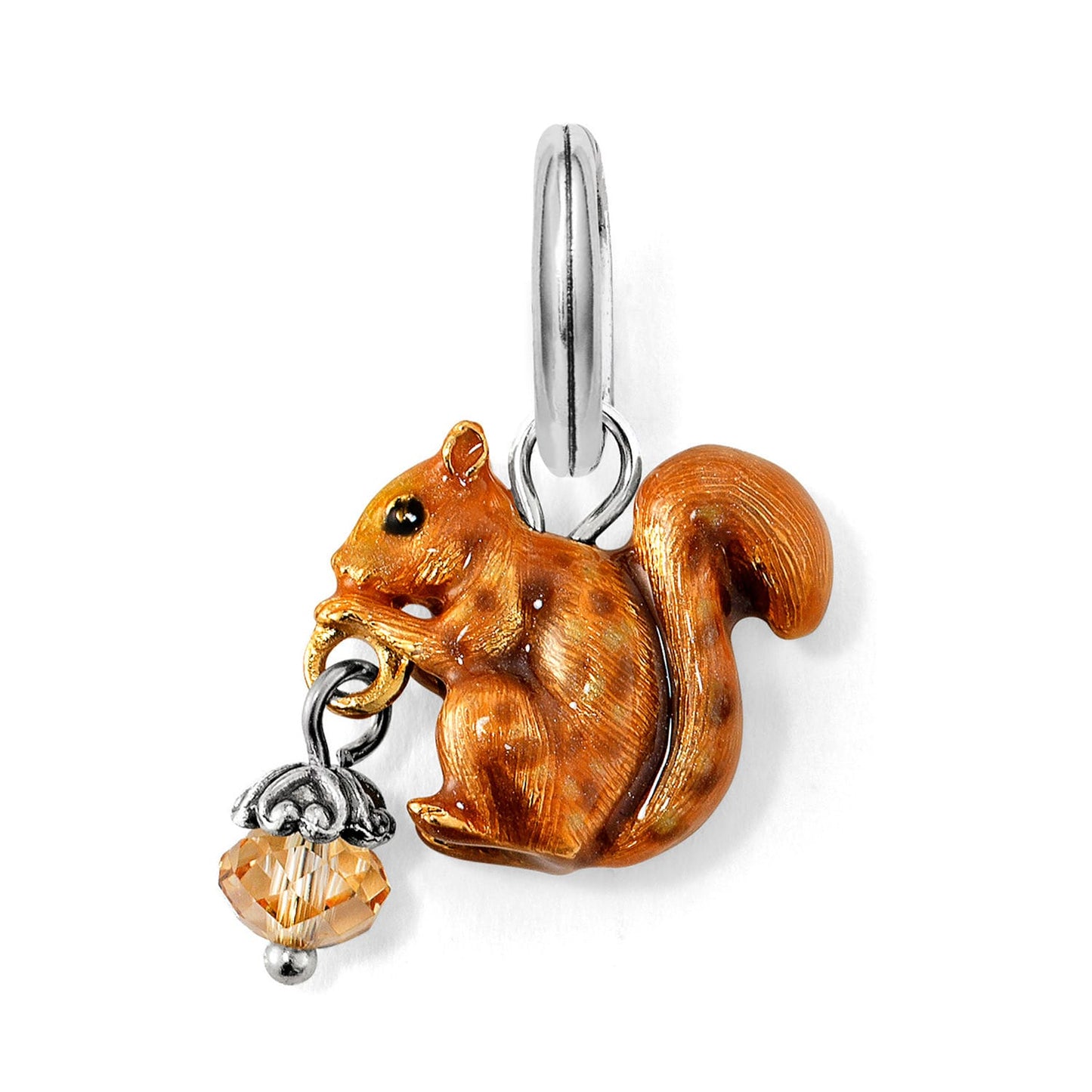 Brighton squirrel charm with brown enamel finish holding a crystal acorn with silver-plated ring on a white background