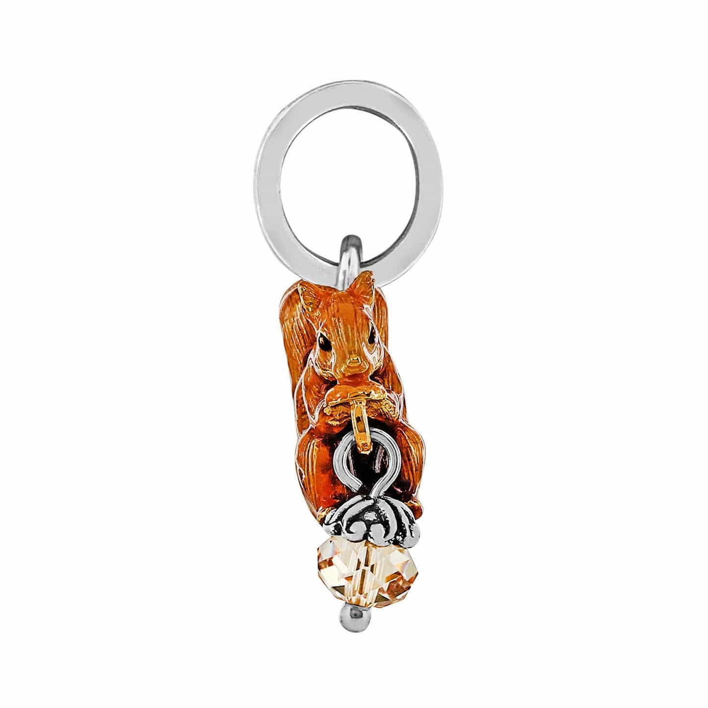 Brighton squirrel charm with brown enamel finish, silver-plated ring, and champagne crystal acorn accent on a white background