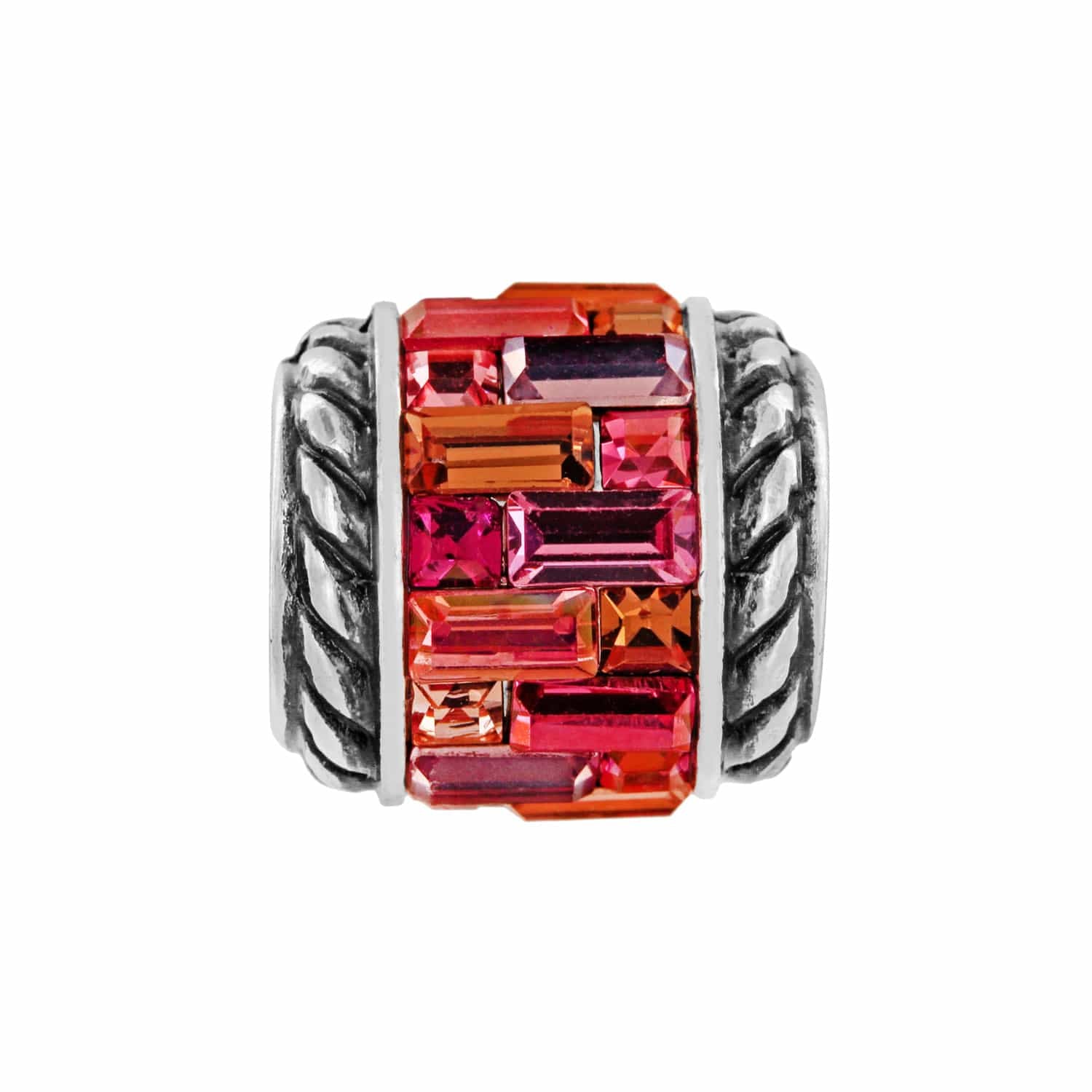 Brighton charm bead with pink and orange crystal baguettes and silver-plated rope-textured sides on a white background