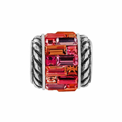 Brighton charm bead with pink and orange crystal baguettes and silver-plated rope-textured sides on a white background