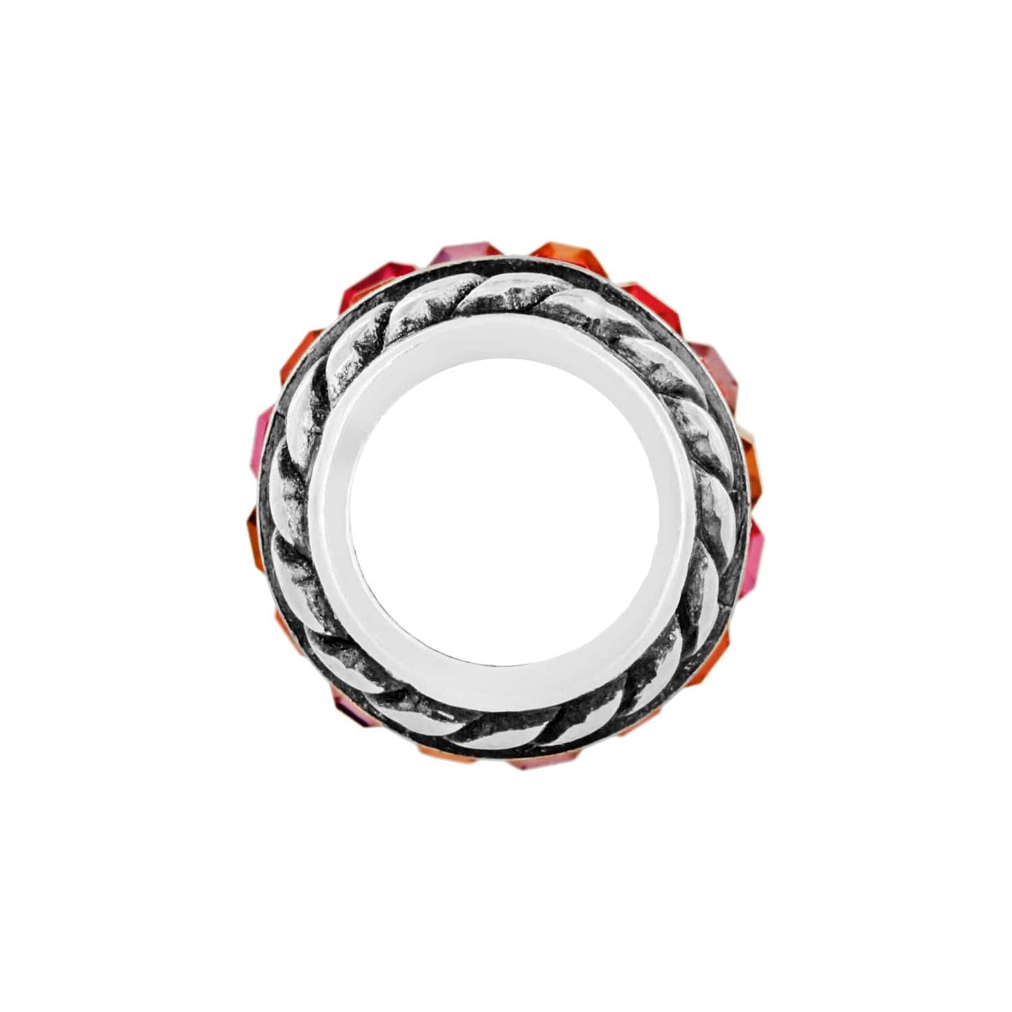 Brighton ring shown from above with silver-plated braided rope band and pink and orange crystal accents on a white background