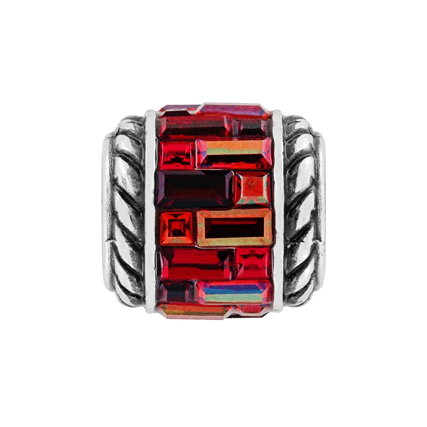 Brighton charm bead with red crystal baguettes and silver-plated rope-textured side rails on a white background