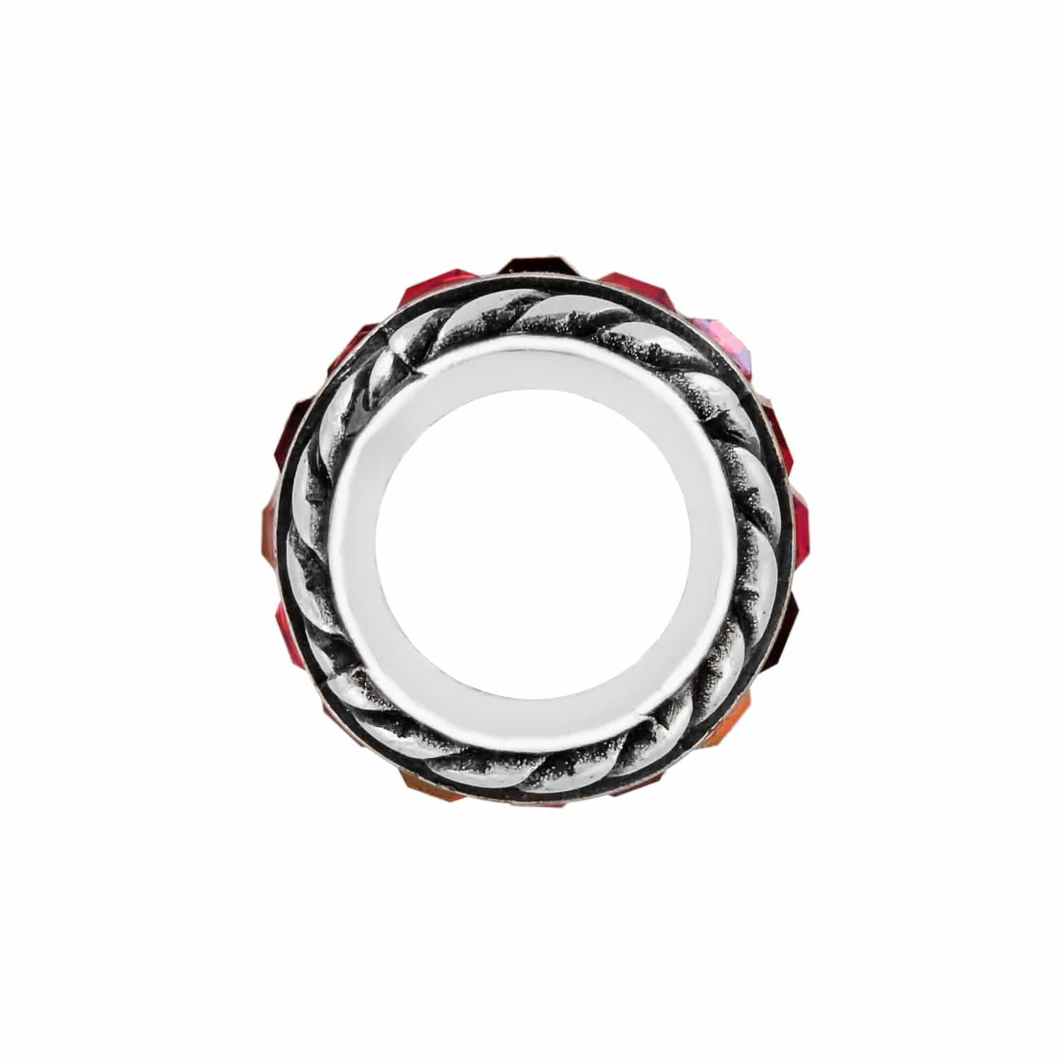 Brighton spacer charm shown from the side with silver-plated rope detail and red crystal accents on a white background