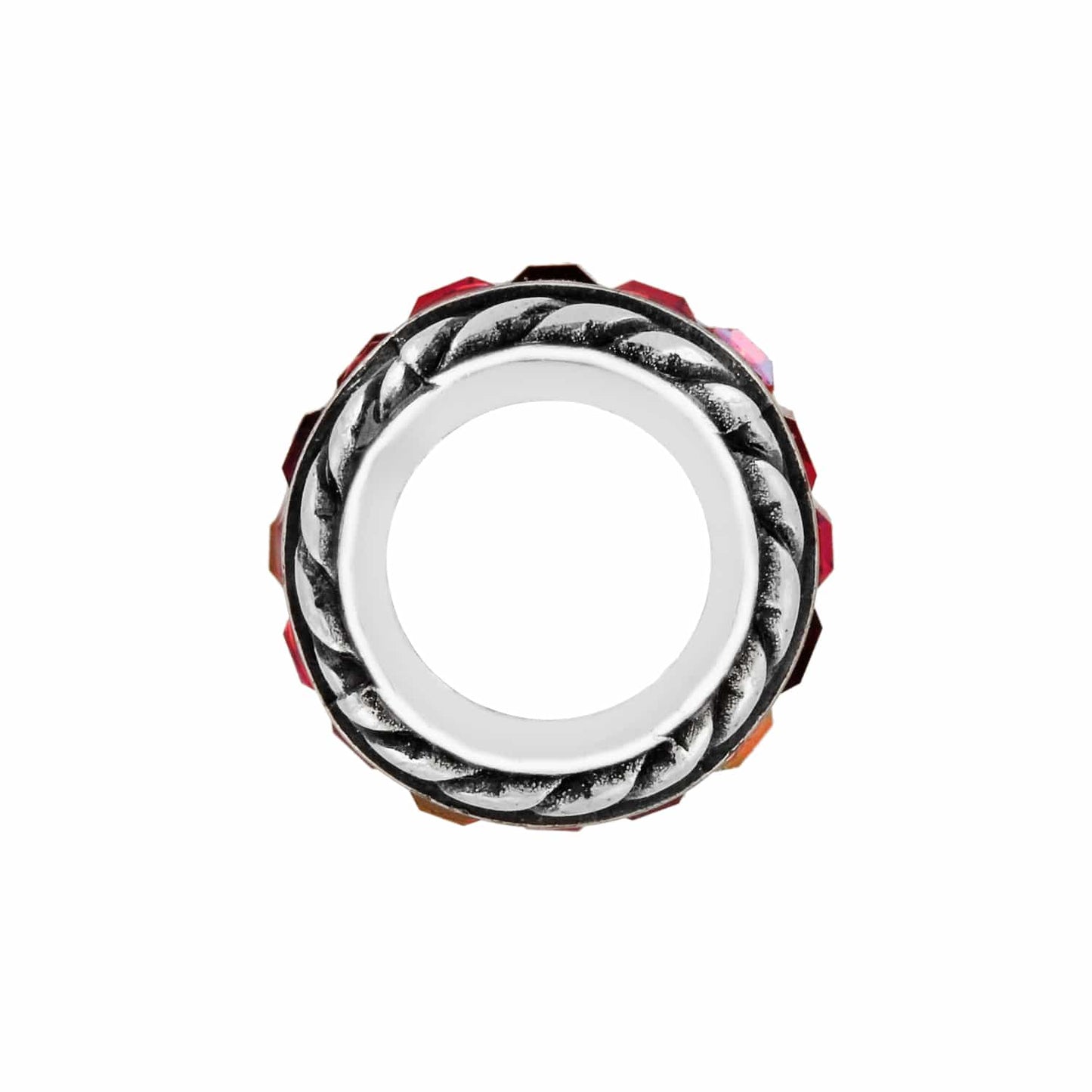 Brighton spacer charm shown from the side with silver-plated rope detail and red crystal accents on a white background