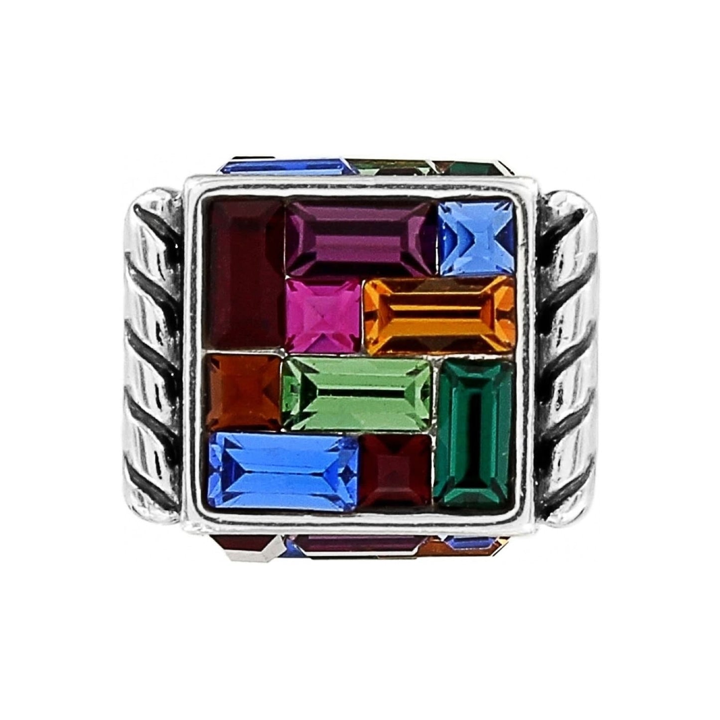 Brighton ring with multicolored baguette crystals in mosaic pattern and silver-plated rope-textured band on a white background