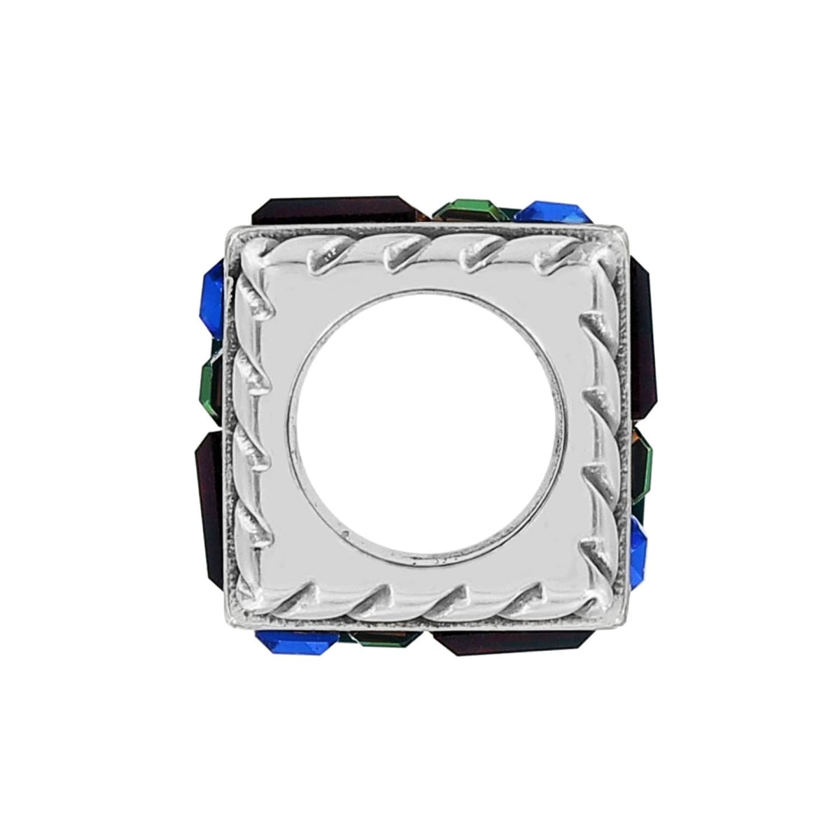 Brighton square spacer bead with silver-plated rope-edge frame and multicolored crystal sides on a white background