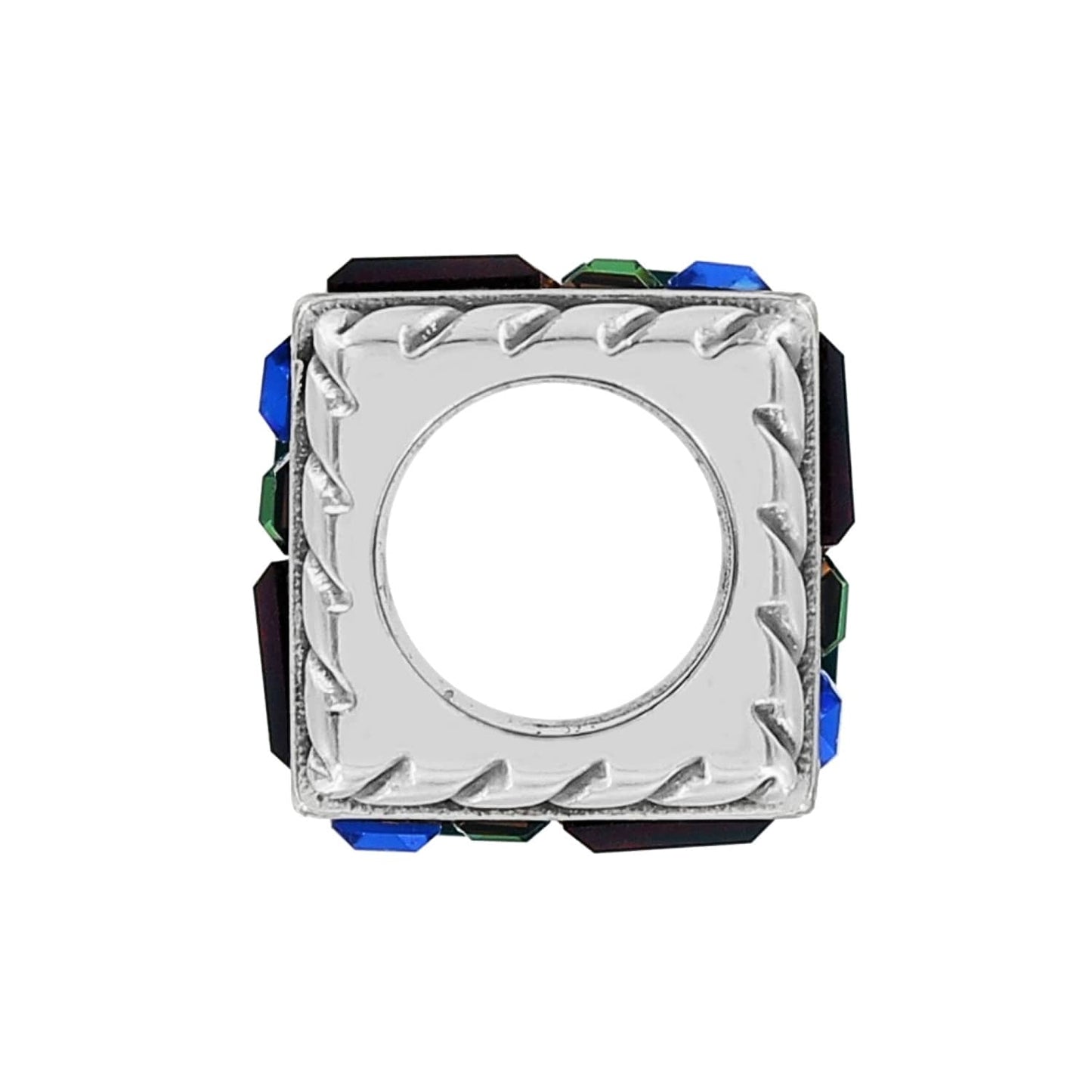Brighton square spacer bead with silver-plated rope-edge frame and multicolored crystal sides on a white background