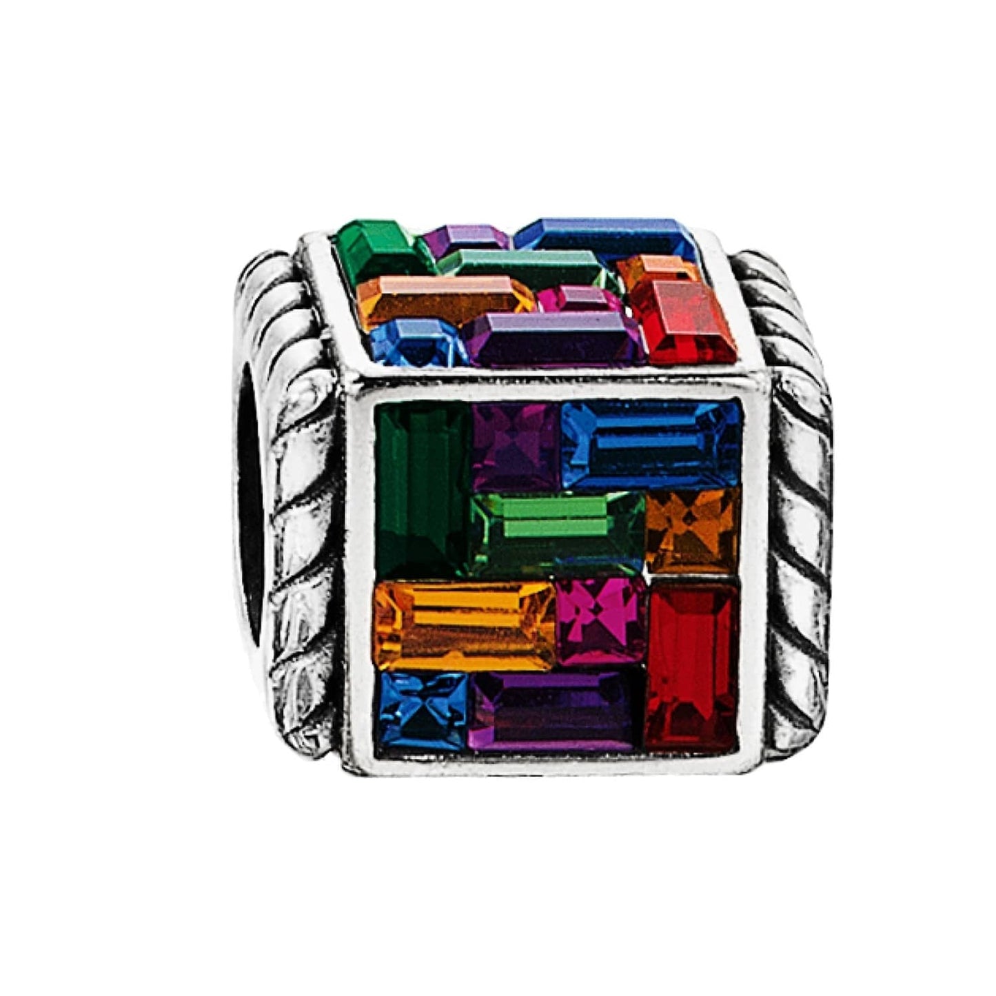 Brighton silver-plated charm bead with multicolored crystal baguettes set in cube design and rope-textured sides on a white background