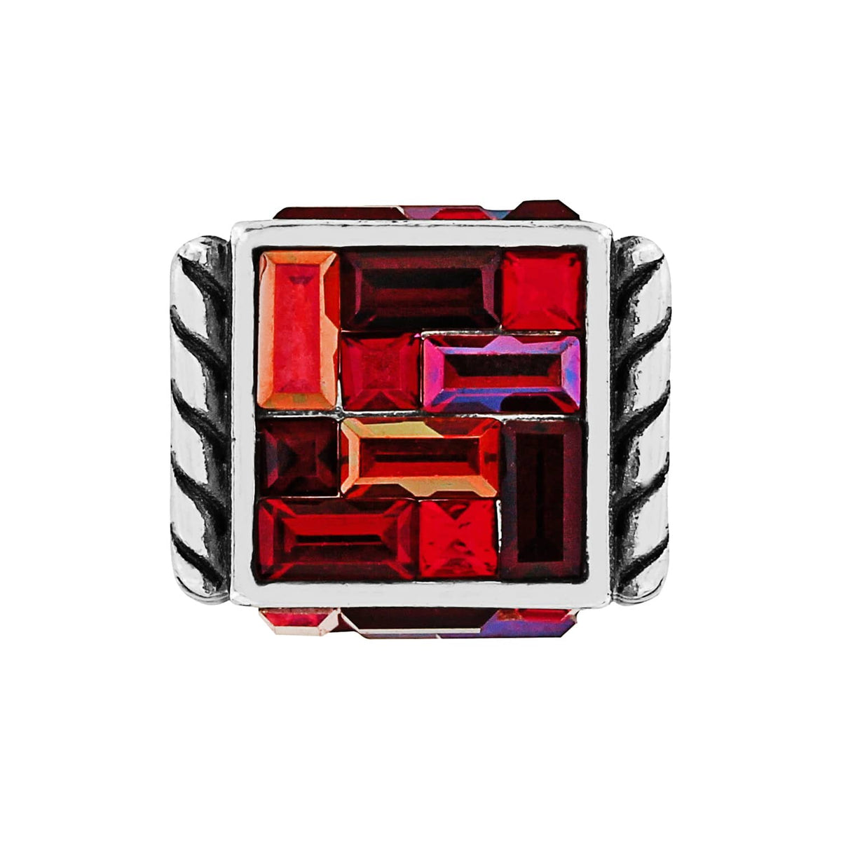 Brighton silver-plated ring with square face of red and orange crystal baguettes and rope-textured band on a white background