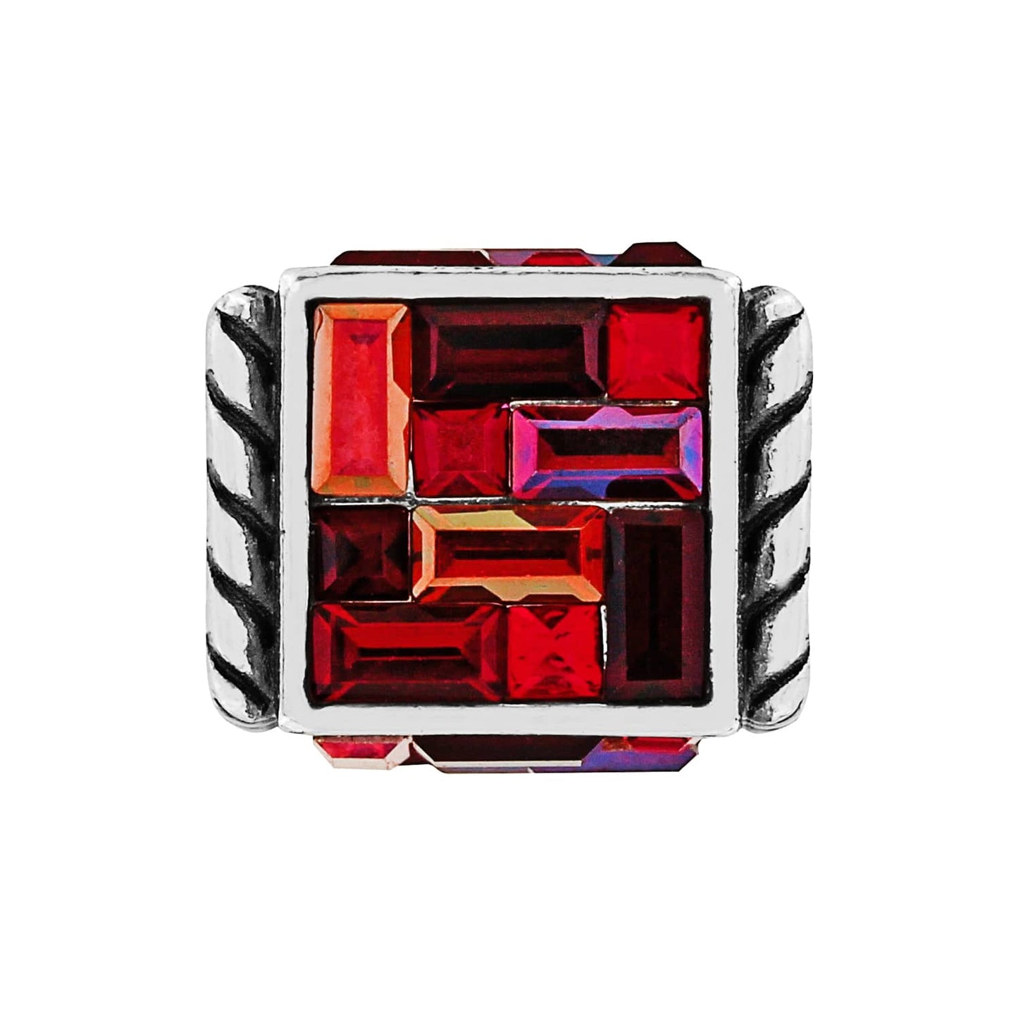Brighton silver-plated ring with square face of red and orange crystal baguettes and rope-textured band on a white background