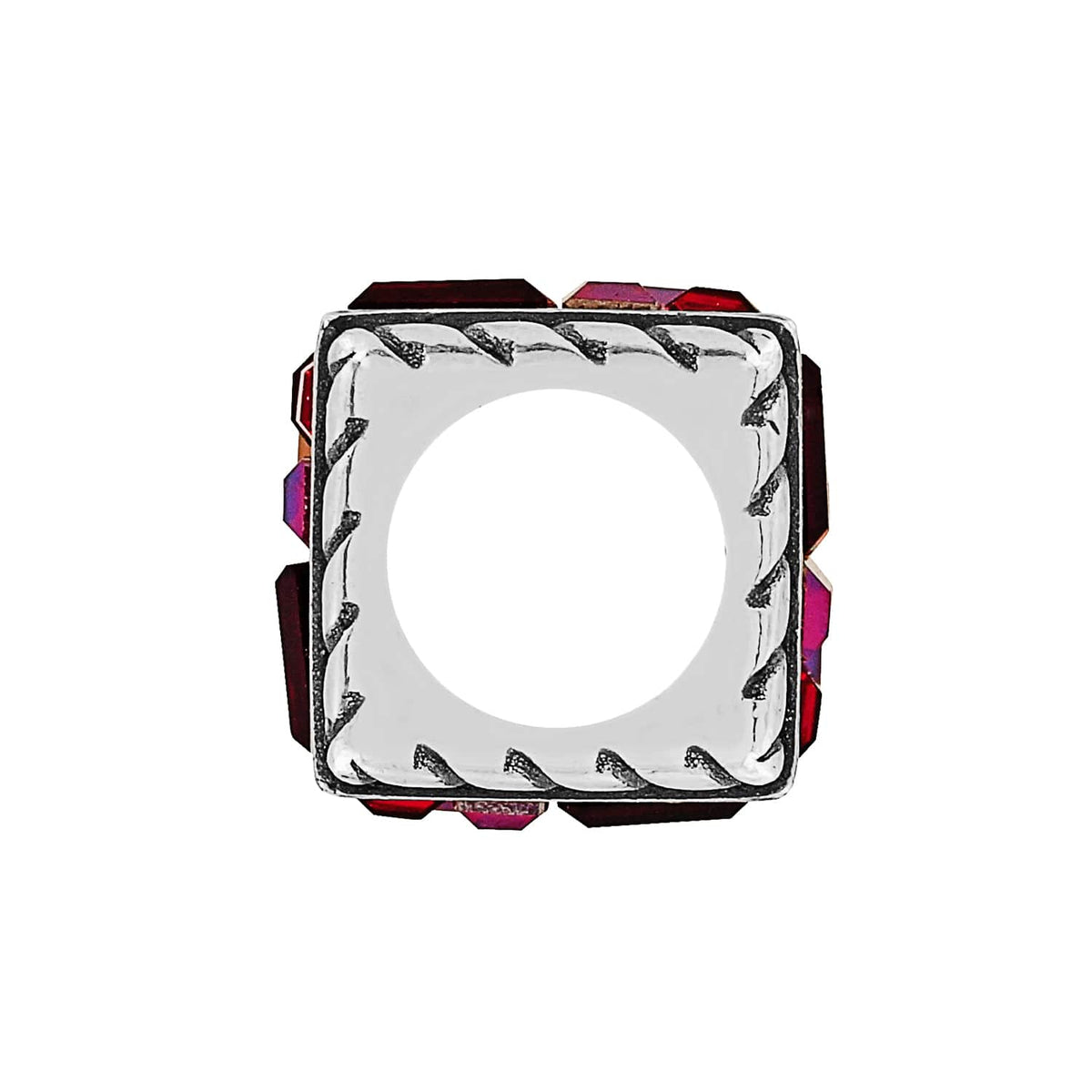 Brighton square spacer bead shown from the top with silver-plated rope border and red crystal sides on a white background