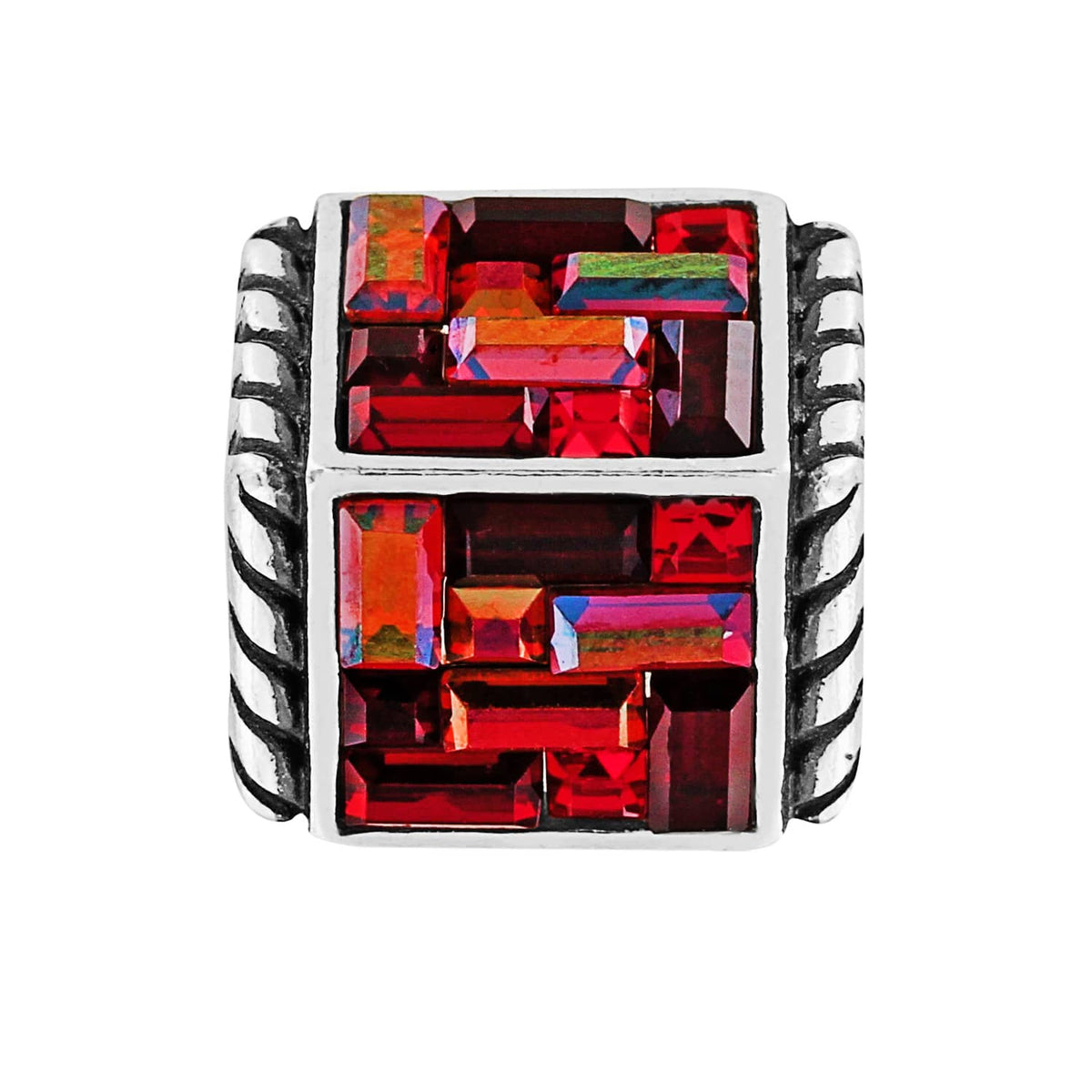 Brighton charm with red and orange crystal baguettes and silver-plated rope-textured sides on a white background