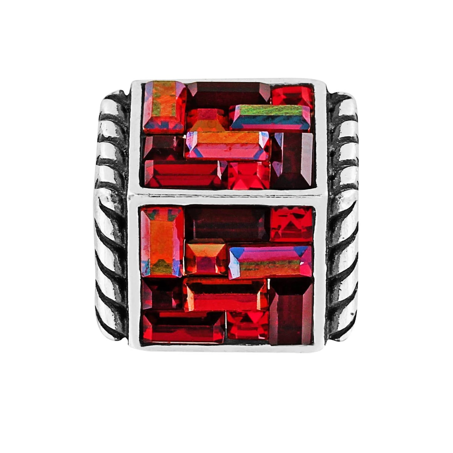 Brighton charm with red and orange crystal baguettes and silver-plated rope-textured sides on a white background