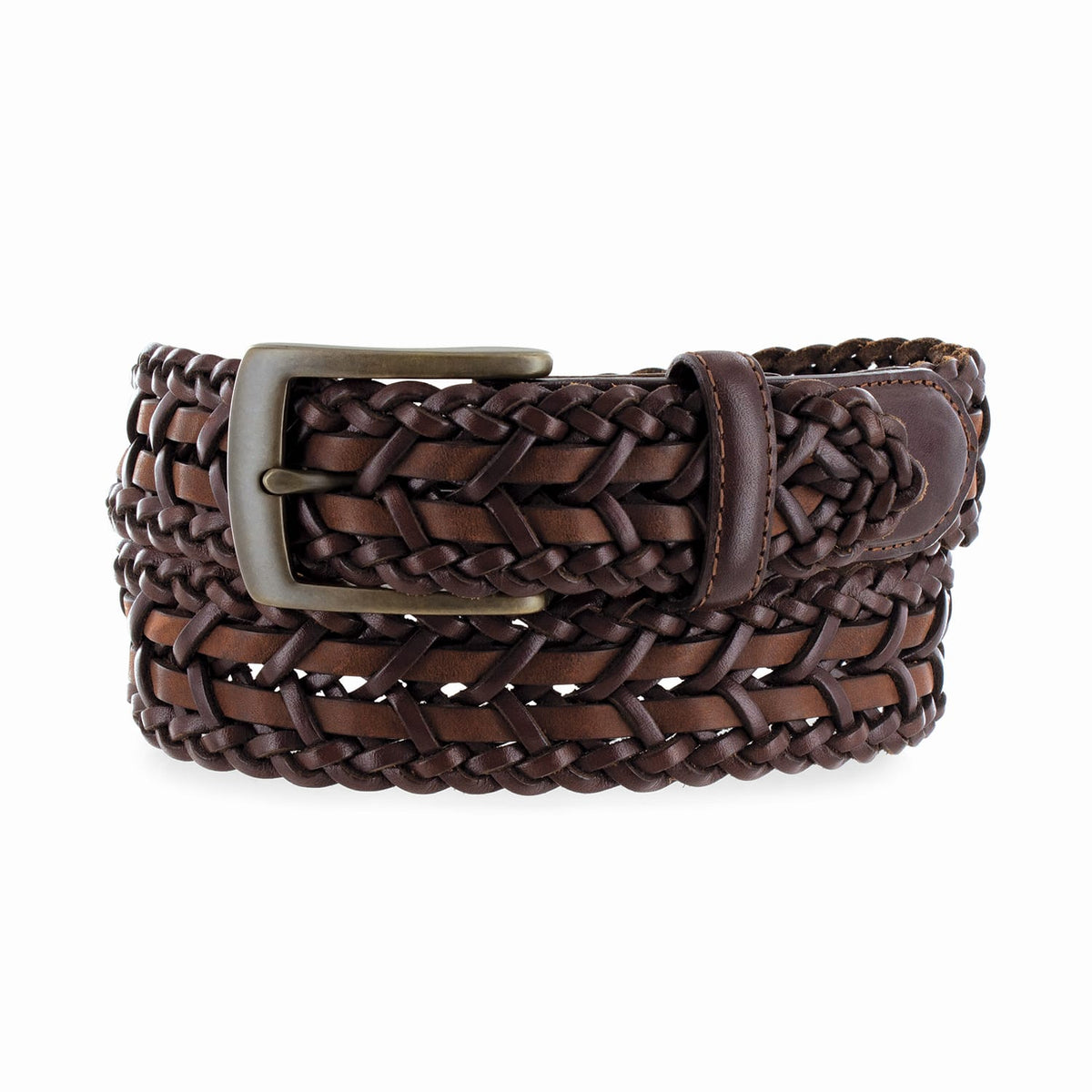 Brighton braided leather belt in two-tone brown with antique gold-tone buckle on a white background