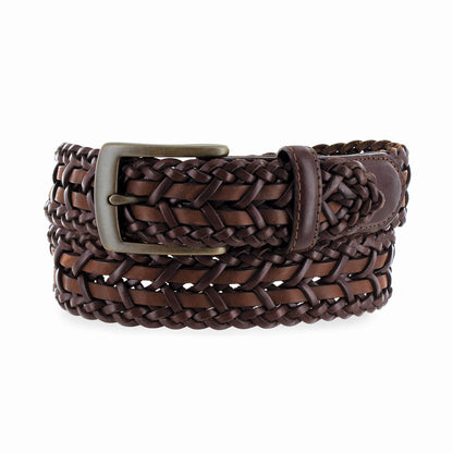 Brighton braided leather belt in two-tone brown with antique gold-tone buckle on a white background
