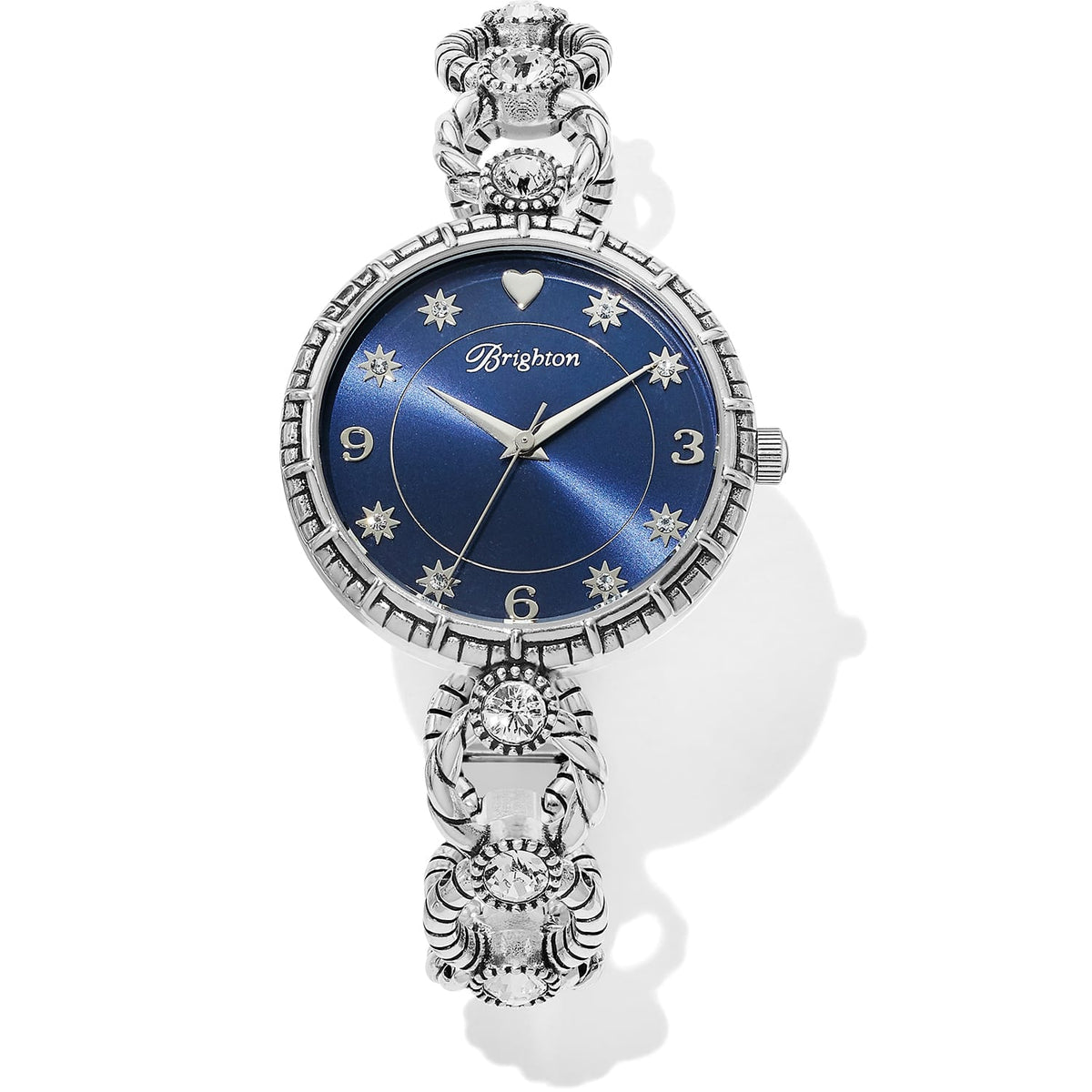 Brighton watch with blue dial, crystal star markers, and silver-plated ornate crystal-set bracelet on a white background