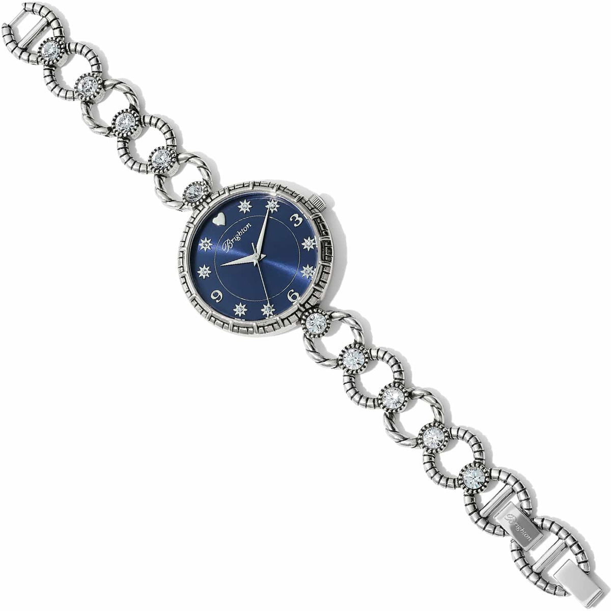Brighton watch with blue dial, crystal star hour markers, and silver-plated crystal-set link bracelet on a white background