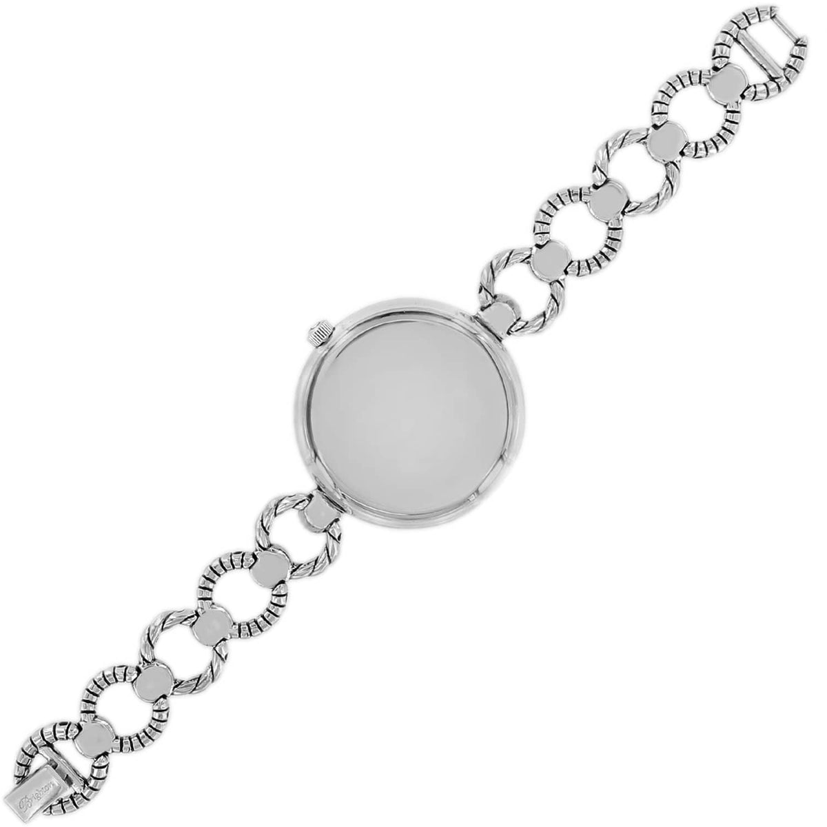 Brighton watch shown from the back with silver-plated round case and textured circular link bracelet on a white background