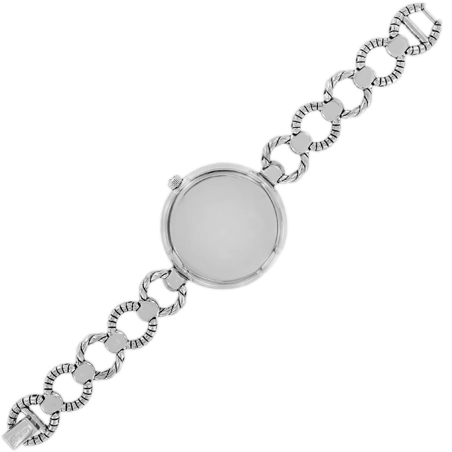 Brighton watch shown from the back with silver-plated round case and textured circular link bracelet on a white background
