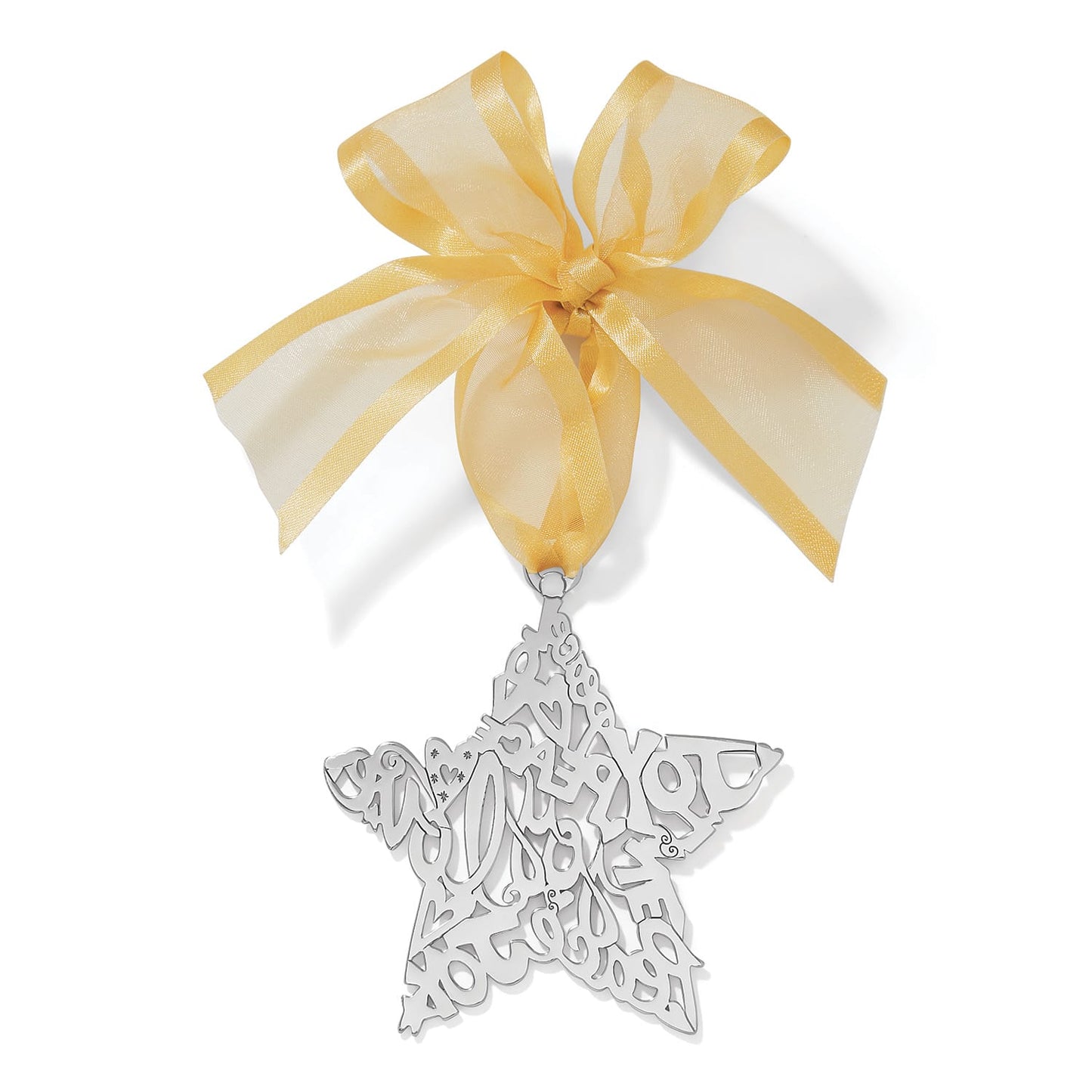 Brighton silver-plated star ornament with cutout word design and gold sheer ribbon bow on a white background