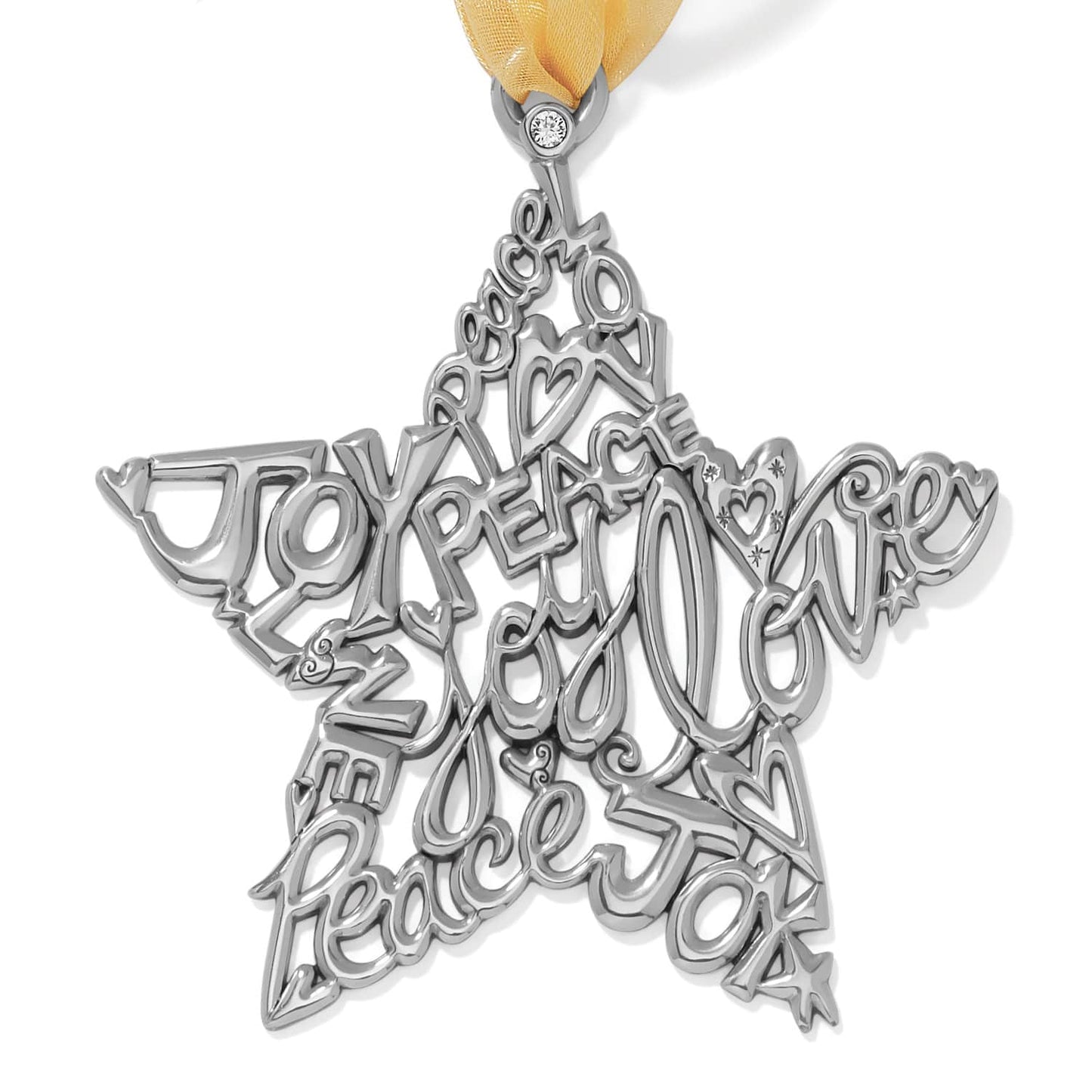 Brighton silver-plated star ornament with cutout Joy, Peace, and Love wording, crystal accent, and yellow ribbon on a white background