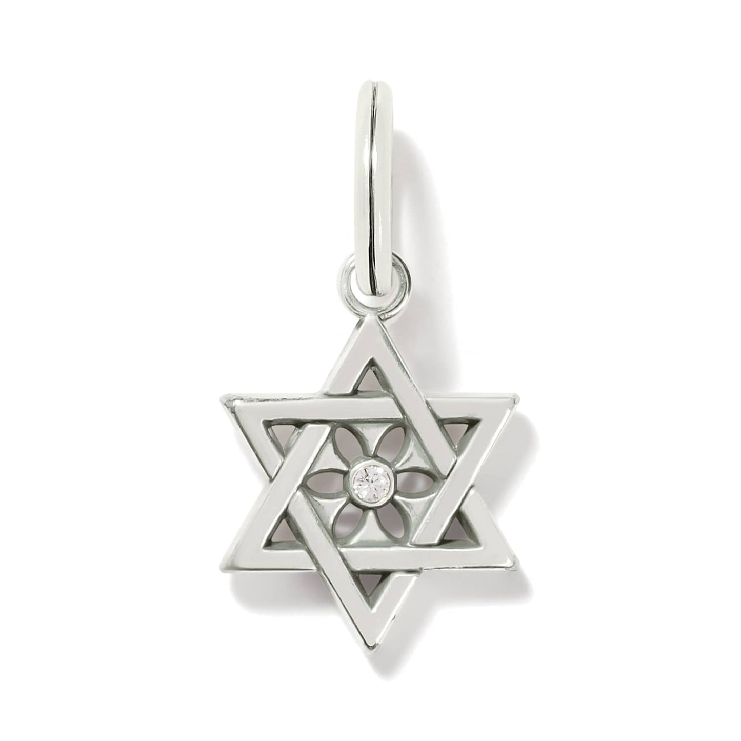 Brighton Star of David charm in silver-plated finish with floral cutout center and crystal accent on a white background