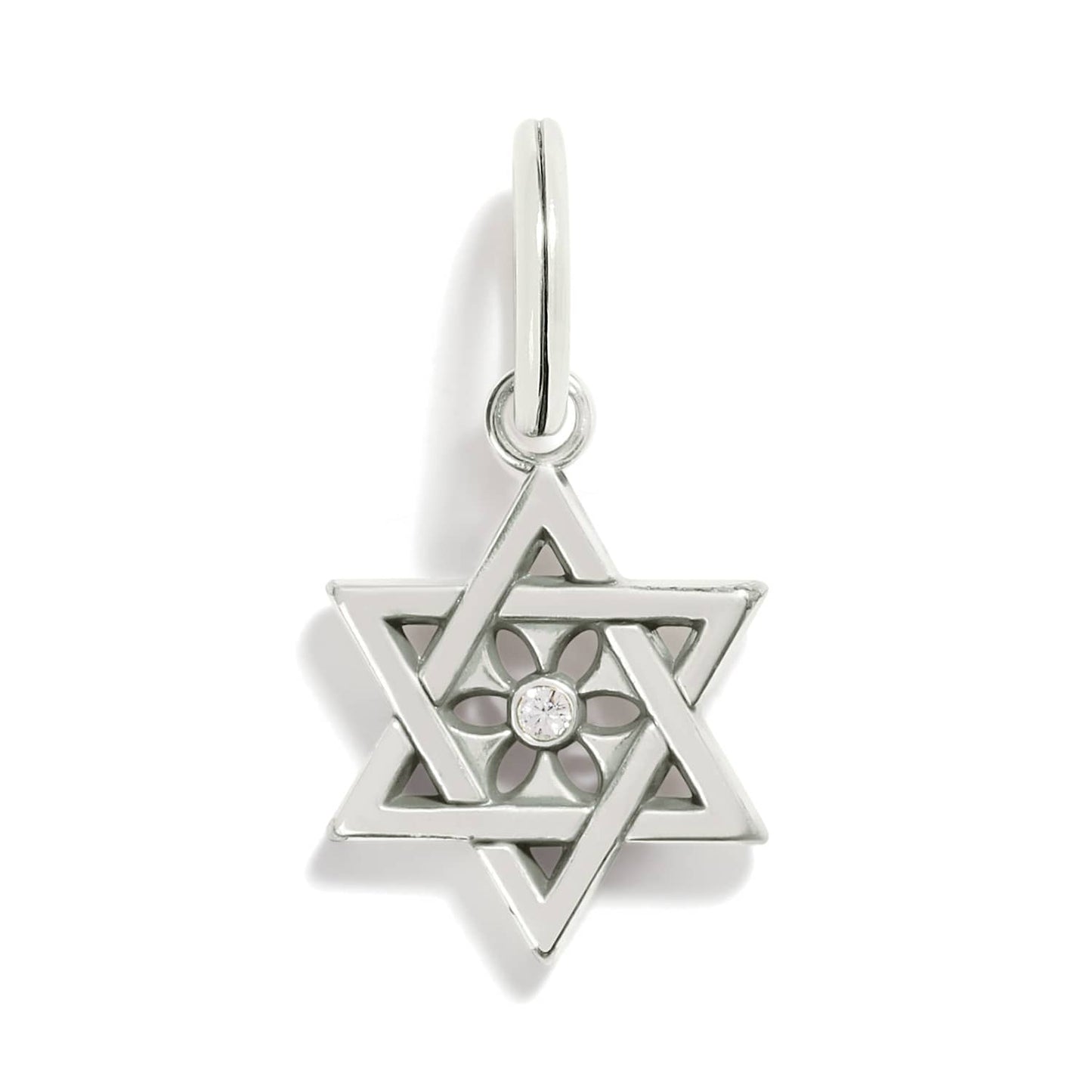 Brighton Star of David charm pendant in silver-plated finish with floral cutout and crystal center on a white background