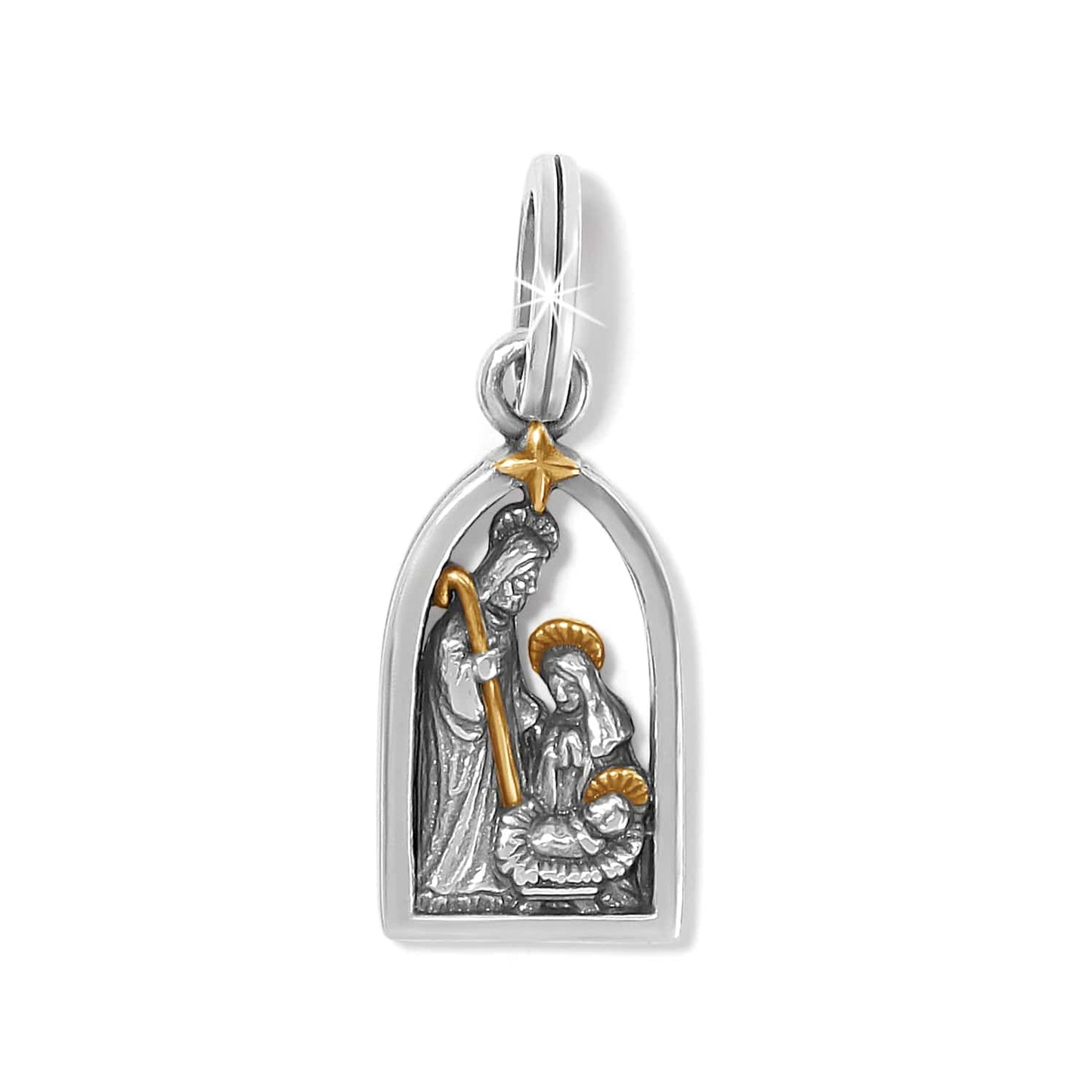 Brighton nativity charm with silver-tone arched frame, gold star, and holy family figures on a white background