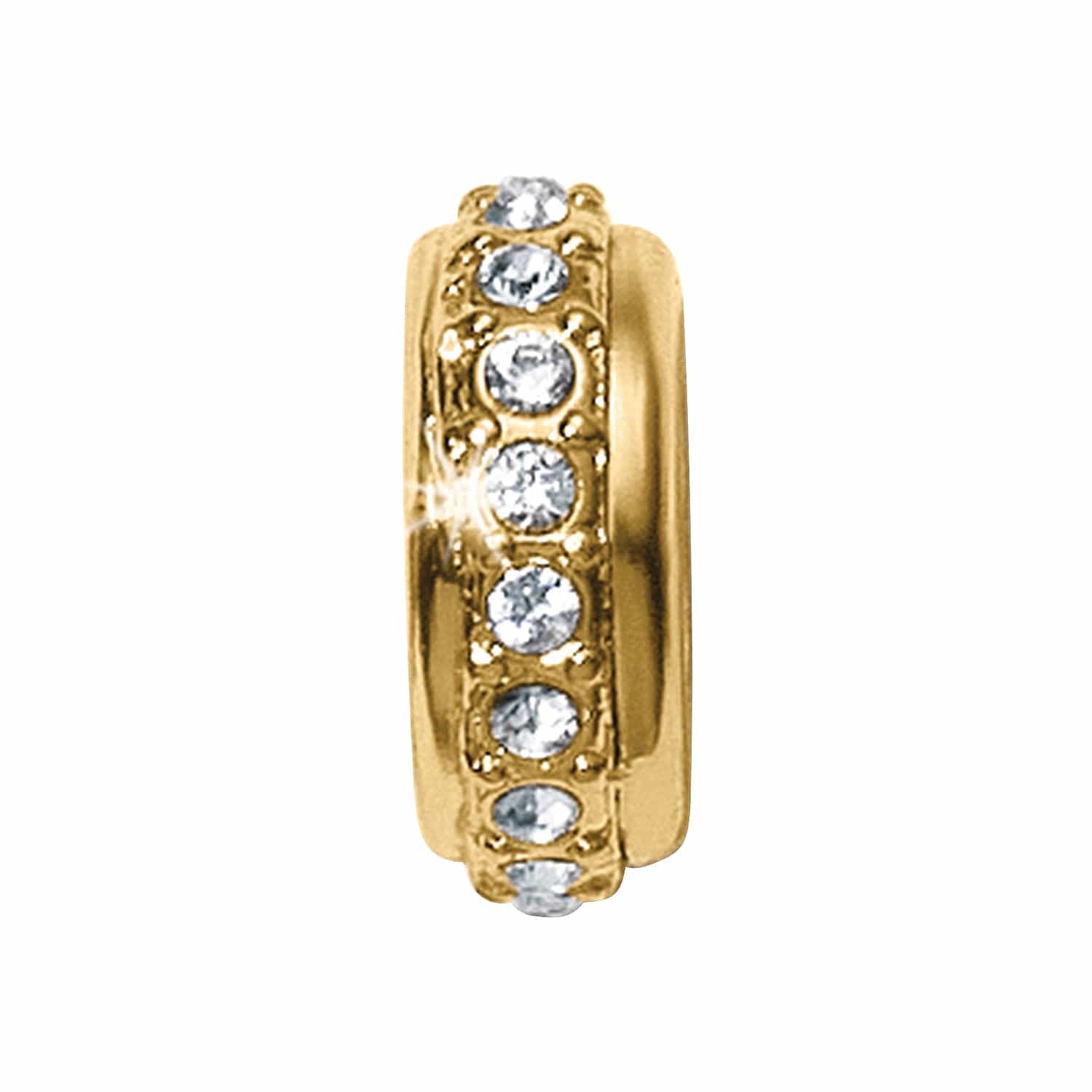 Brighton gold-plated spacer charm with a row of pavé crystals around the band on a white background