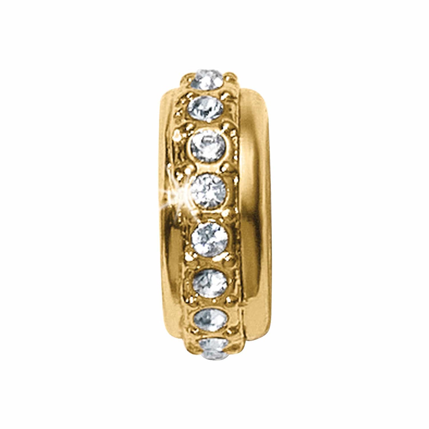 Brighton gold-plated spacer charm with a row of pavé crystals around the band on a white background