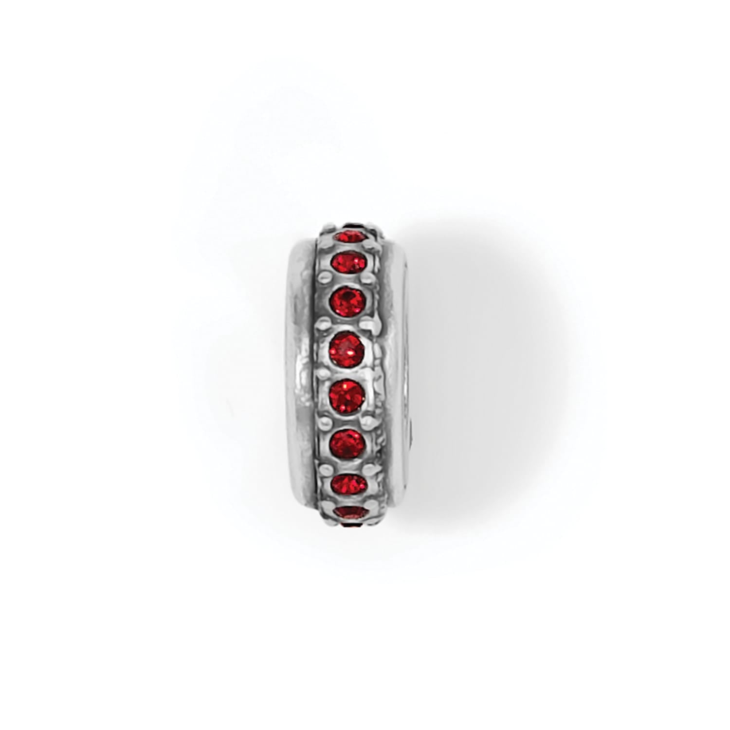 Brighton charm bead with silver-plated finish and red crystal accents around the band on a white background