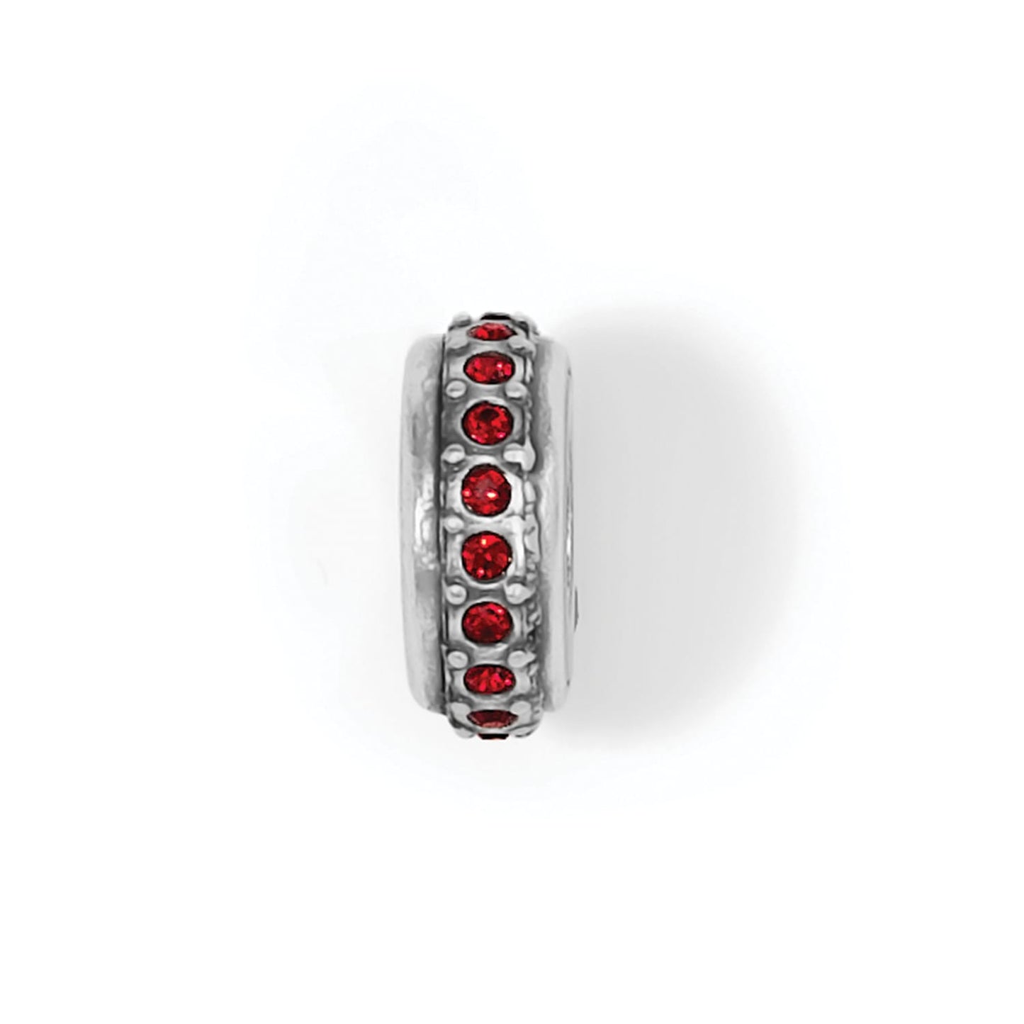 Brighton charm bead with silver-plated finish and red crystal accents around the band on a white background