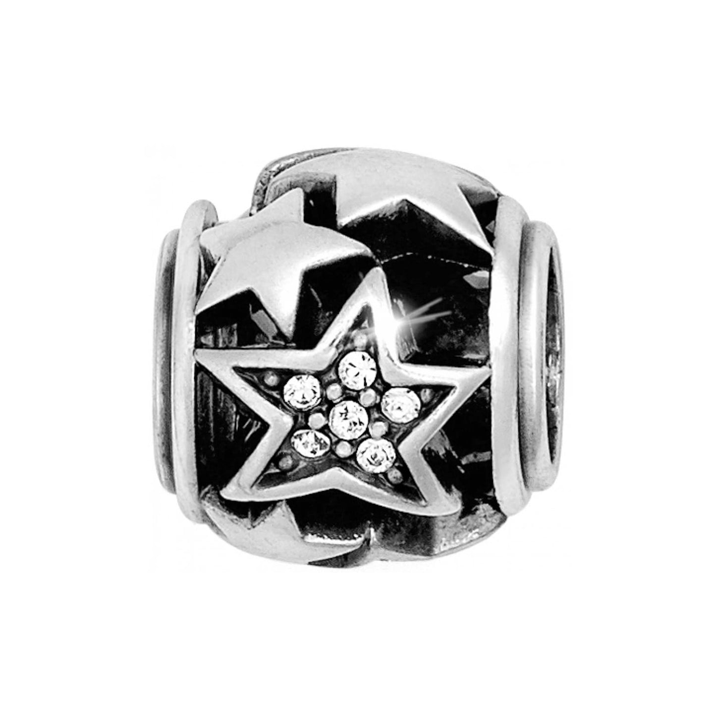 Brighton silver-plated charm bead with star motifs and crystal accents on a white background