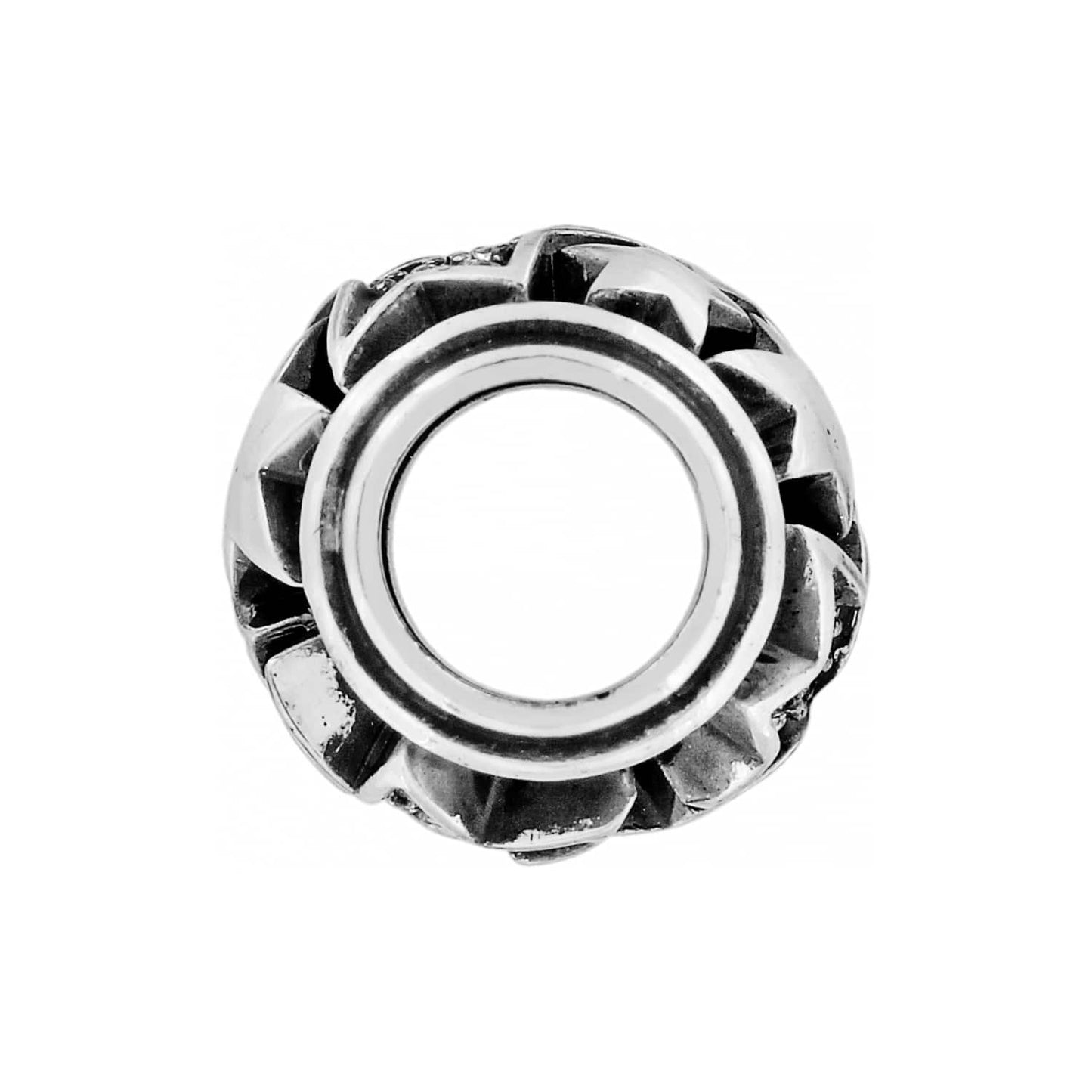 Brighton spacer charm bead with silver-plated woven texture design and open center on a white background