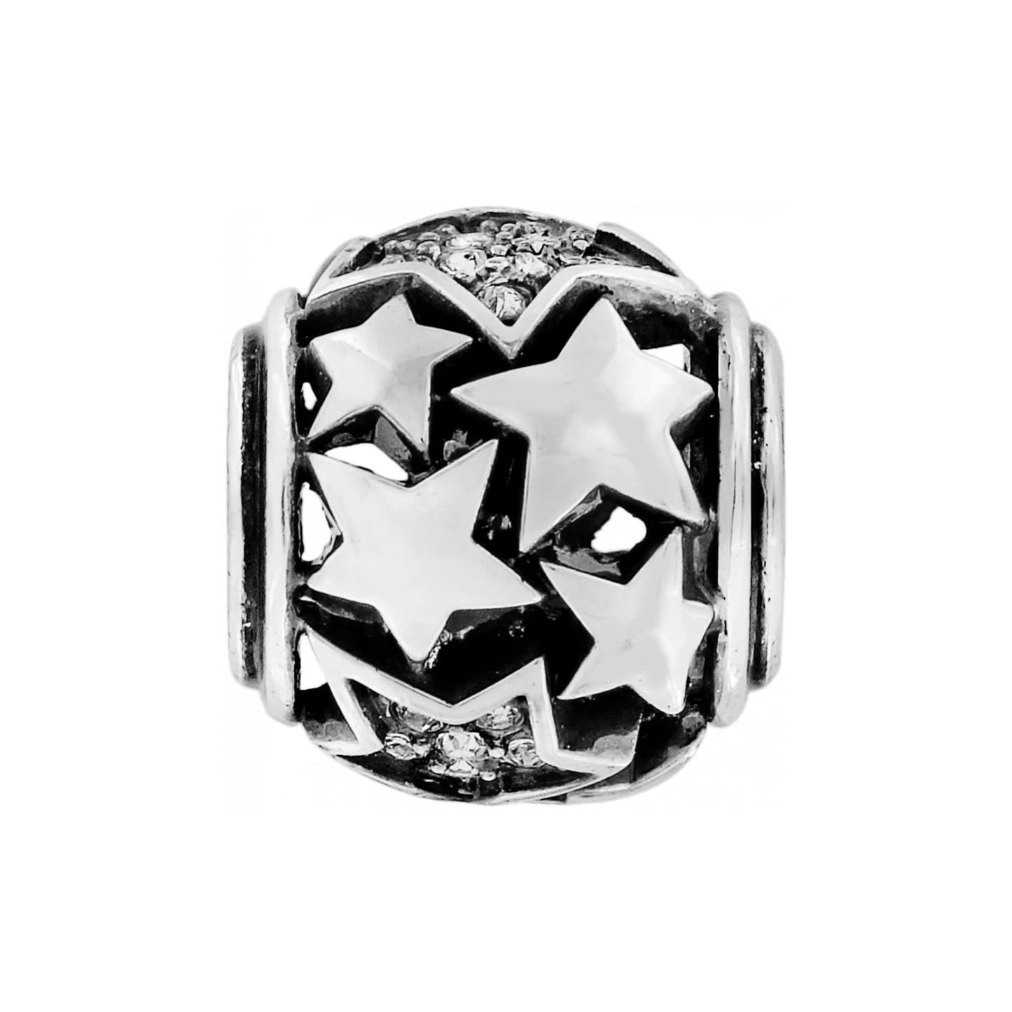 Brighton charm bead with raised silver-plated stars and small crystal accents around openwork design on a white background