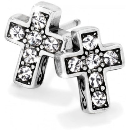 Brighton cross stud earrings with silver-plated finish and pavé crystal accents on a white background