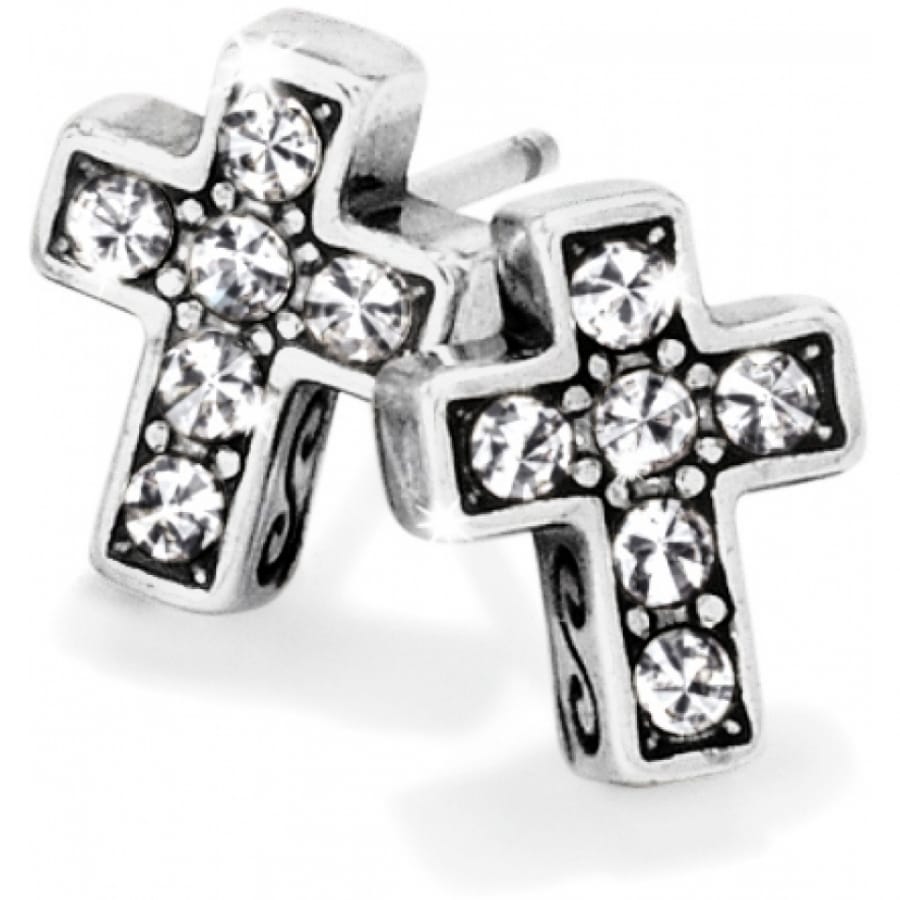 Brighton cross stud earrings with silver-plated finish and pavé crystal accents on a white background