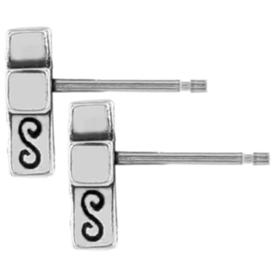 Brighton stud earrings with silver-plated rectangular design and scroll motif detailing on a white background