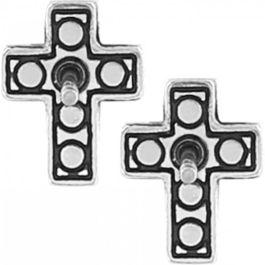 Brighton cross stud earrings with silver-plated finish and circular dot detailing on a white background