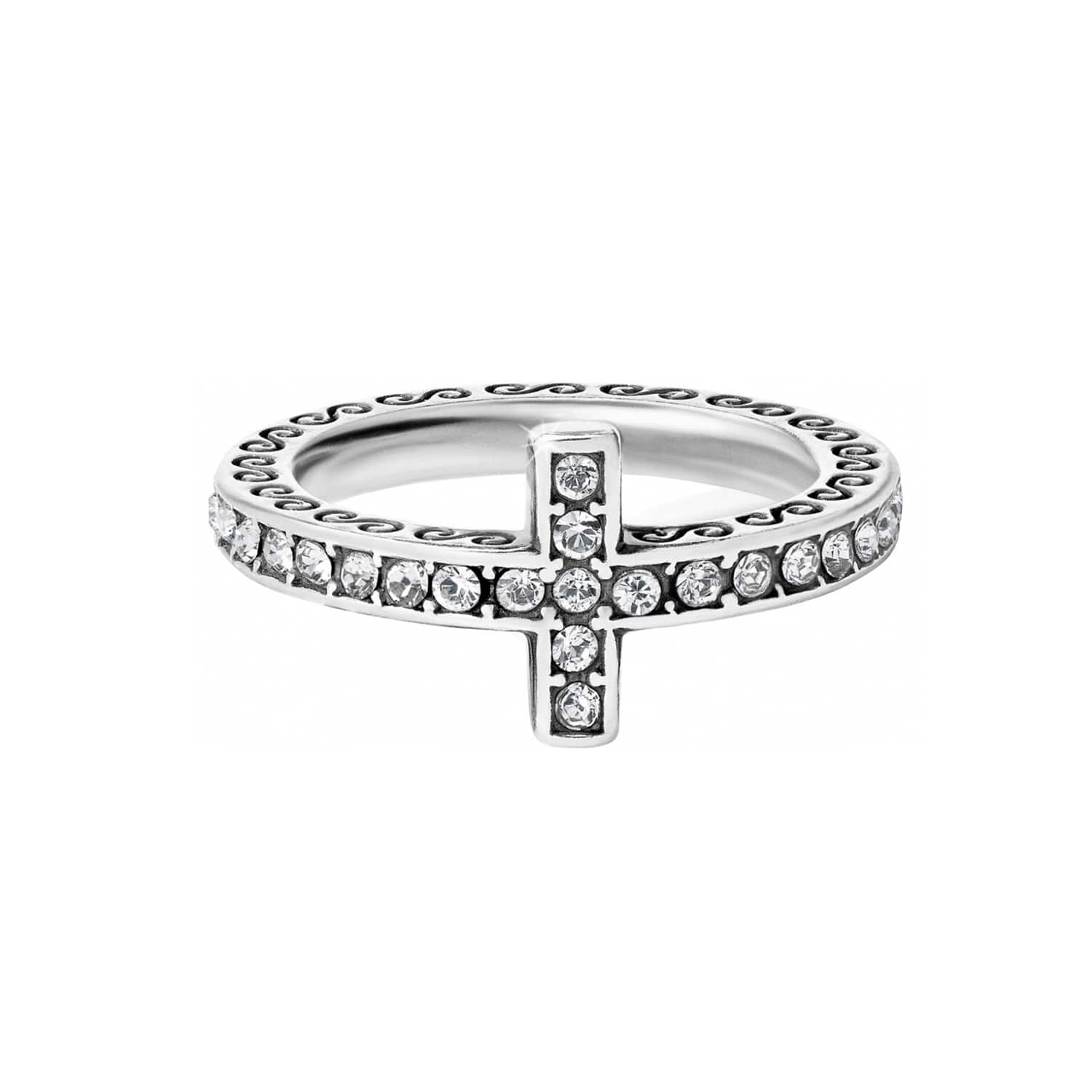 Brighton ring with silver-plated cross motif, crystal pavé band, and scrollwork detailing on a white background