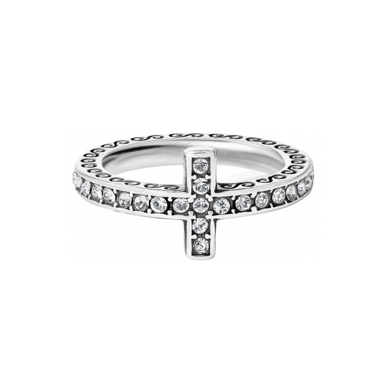 Brighton ring with silver-plated cross motif, crystal pavé band, and scrollwork detailing on a white background