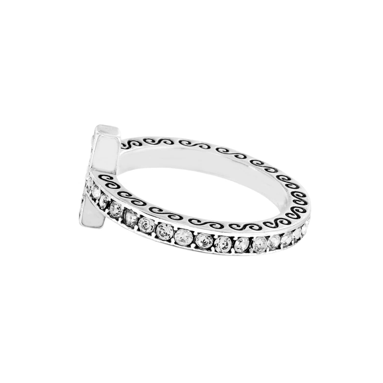 Brighton ring shown from the side with silver-plated scroll detailing and a row of crystal accents on a white background