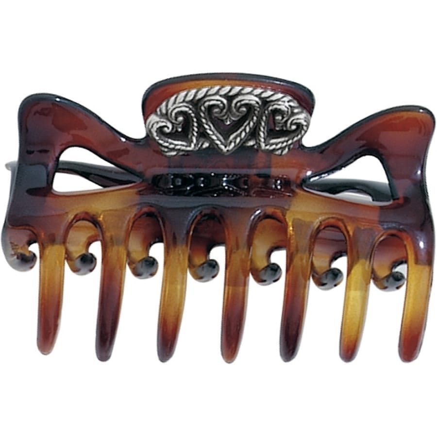 Brighton hair claw clip in tortoise brown with silver-plated scrollwork heart accent on a white background