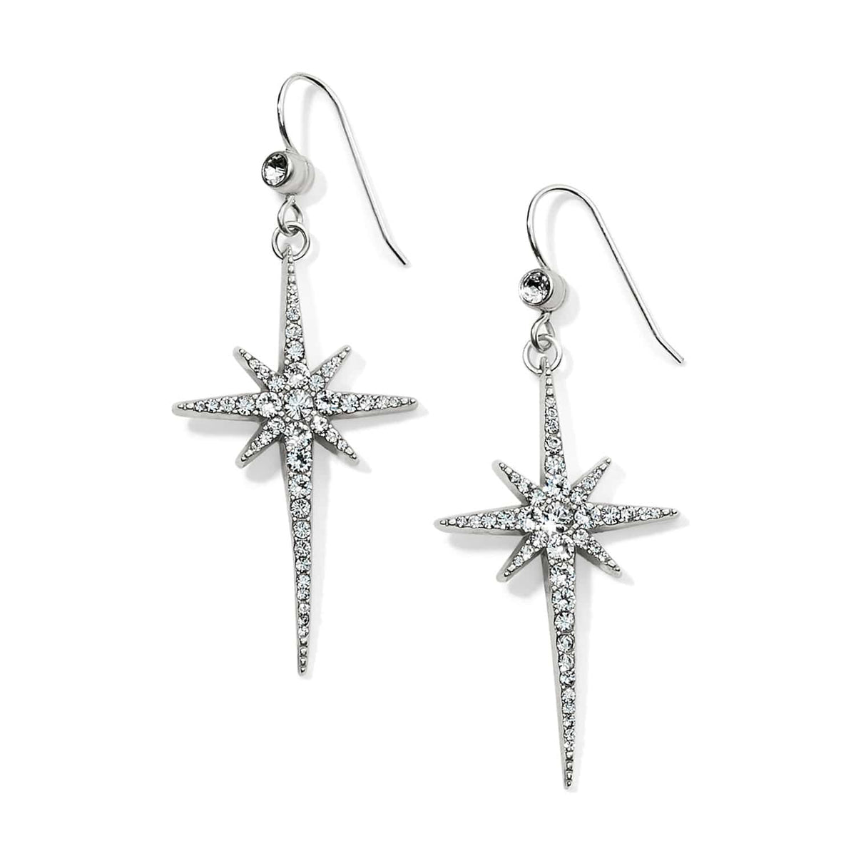 Brighton drop earrings with silver-plated starburst cross pendants and fine quality crystals on a white background