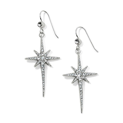 Brighton drop earrings with silver-plated starburst cross pendants and fine quality crystals on a white background