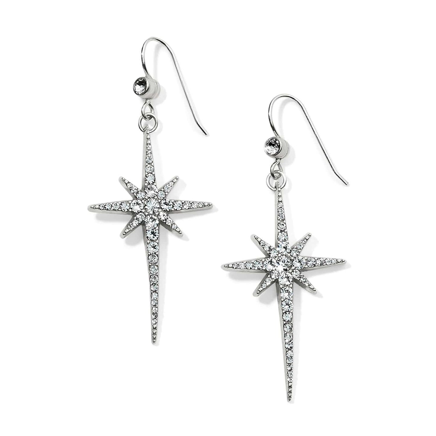 Brighton drop earrings with silver-plated starburst cross pendants and fine quality crystals on a white background